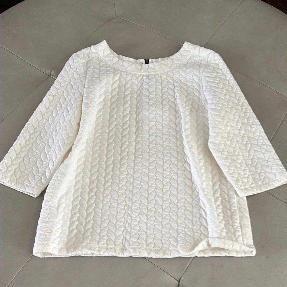 White Boxy Ribbed Blouse with Three-Quarter Sleeves